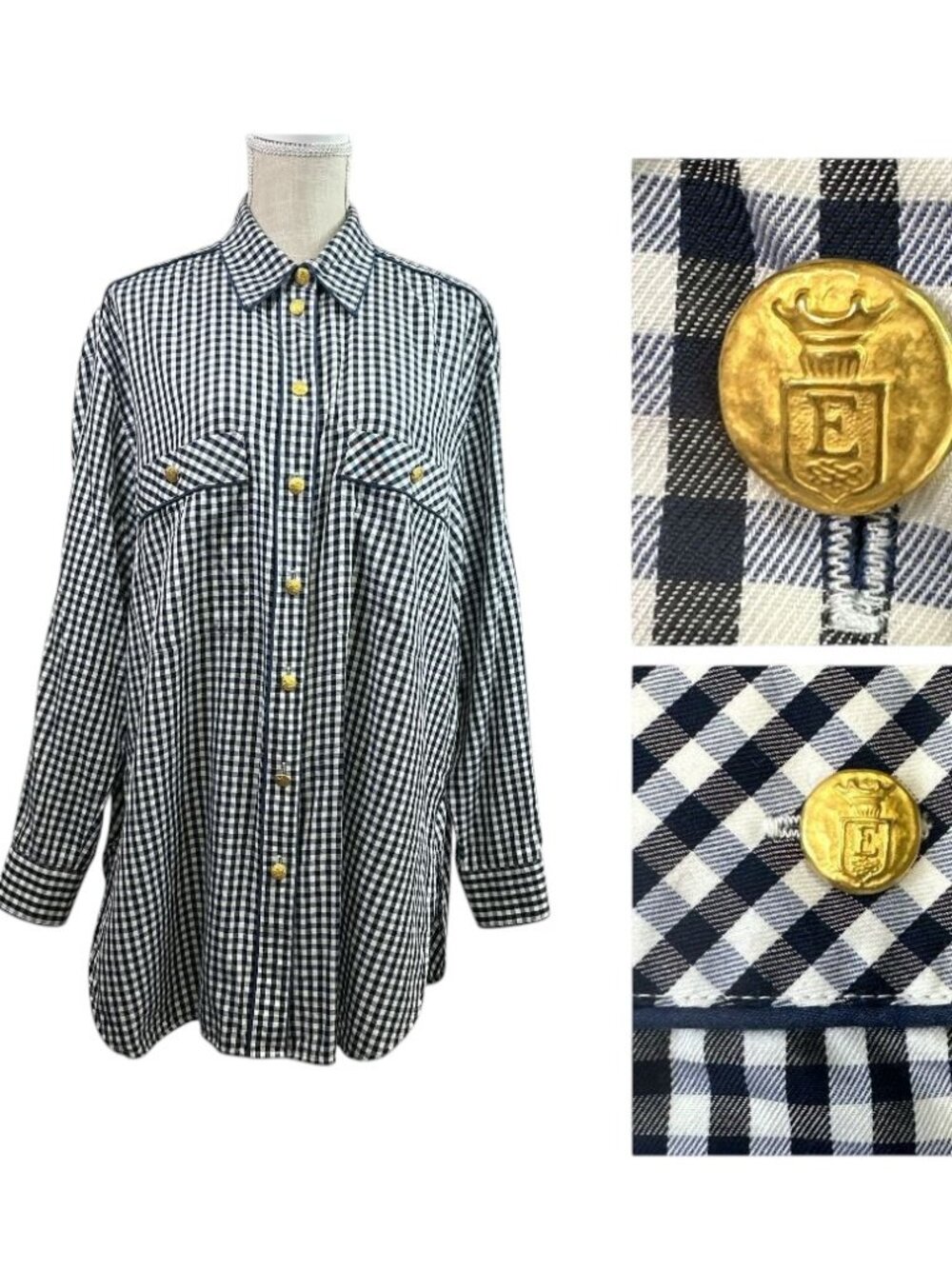 Vintage Escada Sport Button-Front Shirt Wome's sz L Oversized Gold Crest Buttons